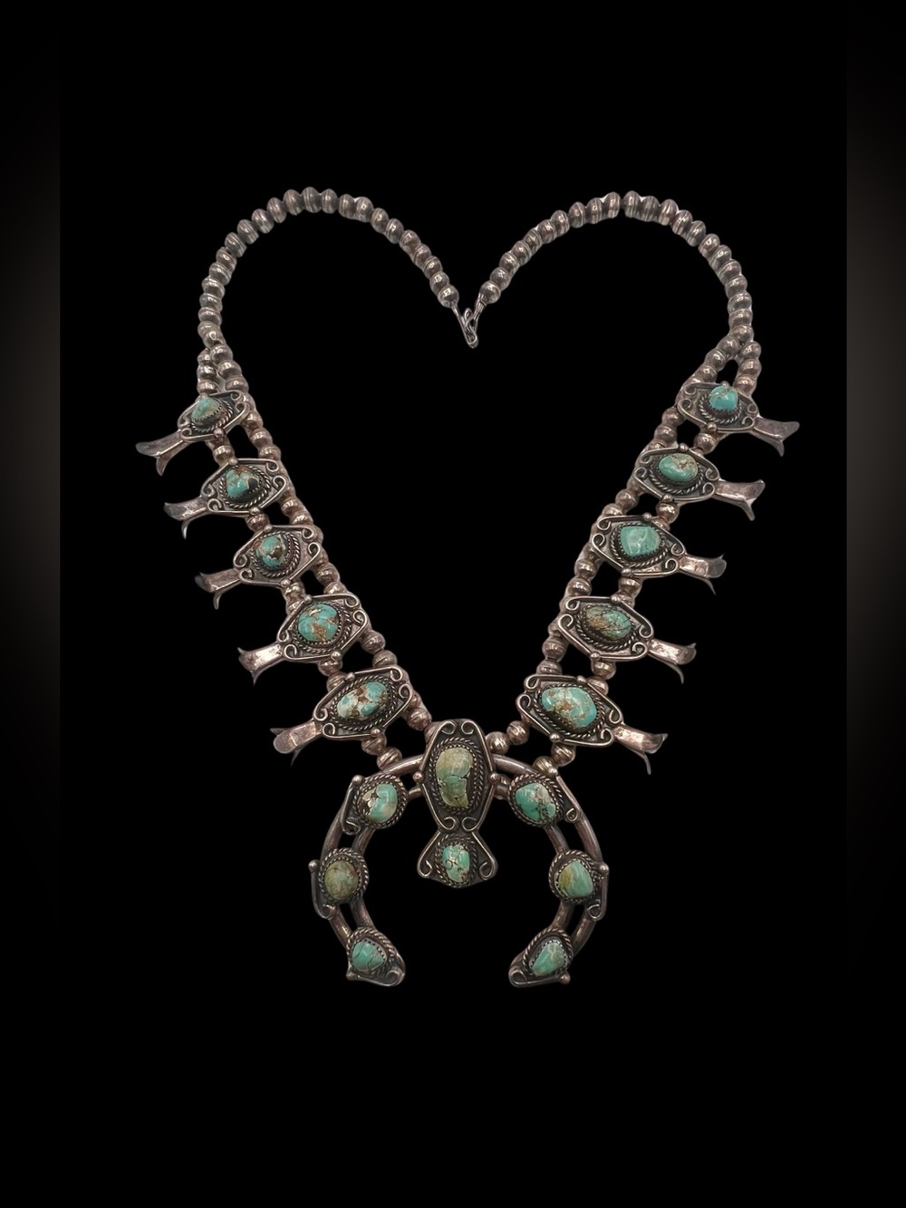 Native American 900 Silver Natural Turquoise Squash Blossom Naja Necklace - Picture 3 of 10